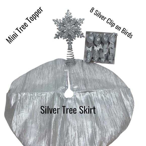 Silver Mini Tree Skirt Clip On Birds Ornaments Snowflake Tree Topper -10 Piece - Picture 3 of 4